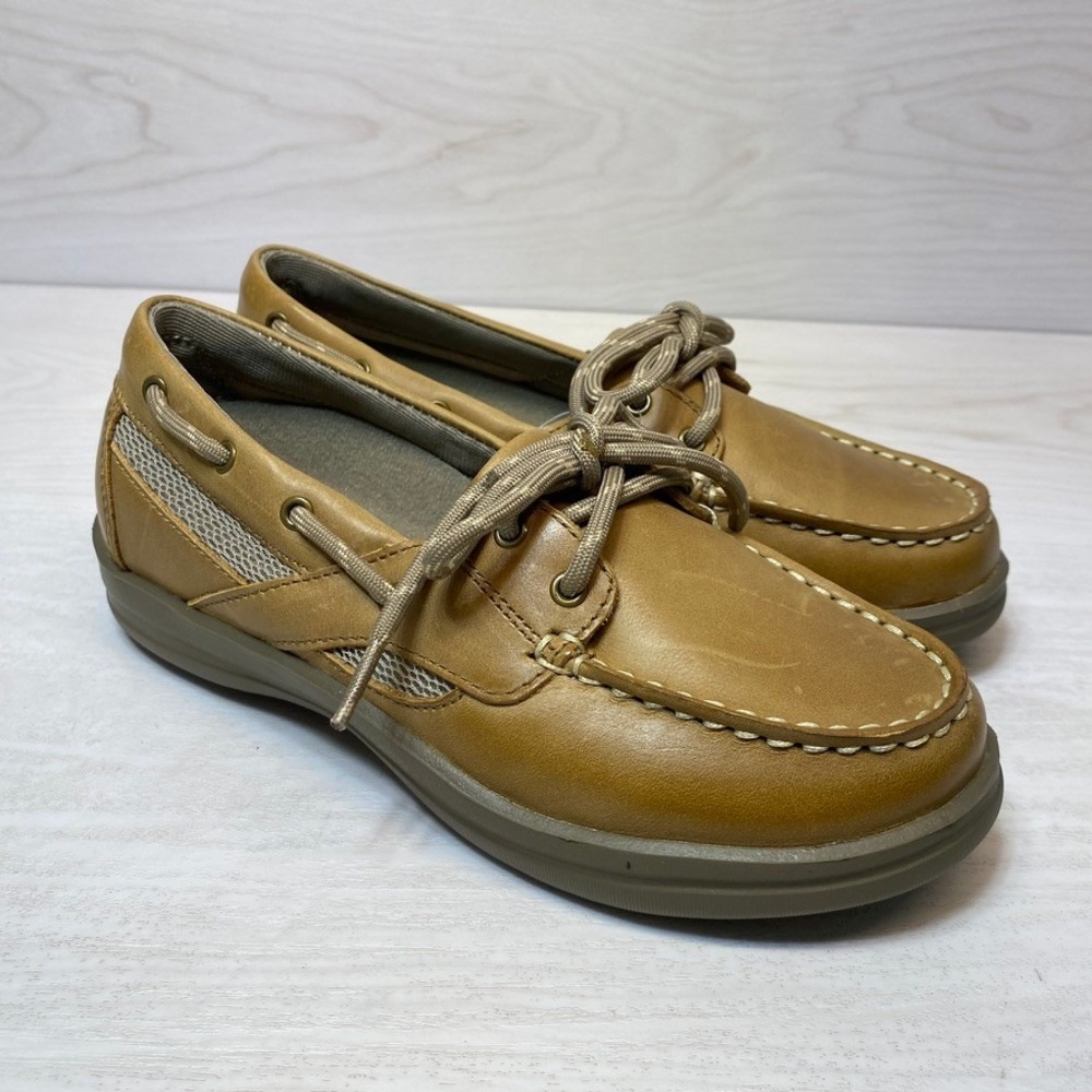 Apex Womens 5 Boat Shoes Loafers Tan Leather Slip Resistant A2200W Comfort Shoe